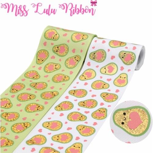 3"75mm Heart Pink Ink Printing Cartoon Avocado Hologram Gold Foil Printed Solid Color Grosgrain Ribbon DIY Bowknots 50yards/roll