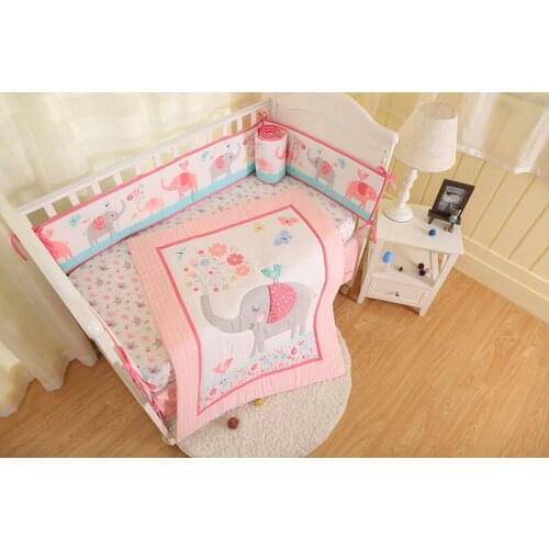 7PCS embroidery Pink elephant cotton kit berço baby bedding sets for crib baby pillow (4bumpers+duvet+bed cover+bed skirt)