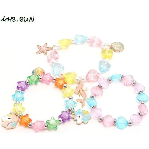 MHS.SUN Unicorn/Mermaid Pendant Charms Bracelets With Star/Heart Colorful Beaded Elastic Bangles For Kids Girls Party Gift 2PCS