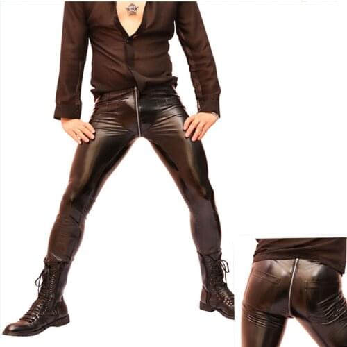 Men High Stretch Tight Leather Latex Ammonia PVC Skinny Pencil Pants Casual Trouser Zipper Open Crotch Nightclub Gay Stage Pants