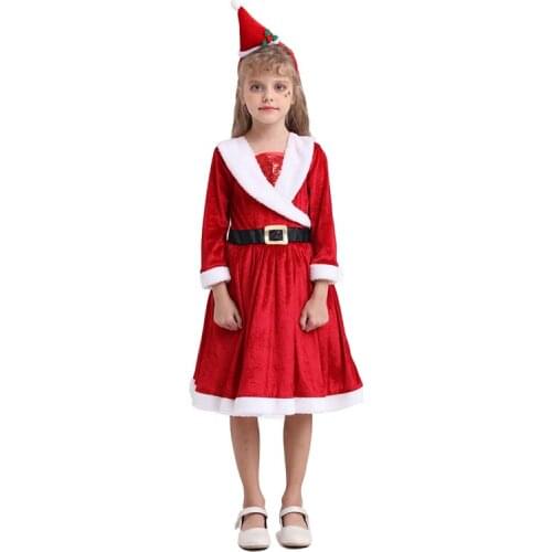 Kids Girls Christmas Costume Long Sleeve Red Velvet Princess Dress with Belt Santa Claus Costume Xmas Gifts Winter Clothing