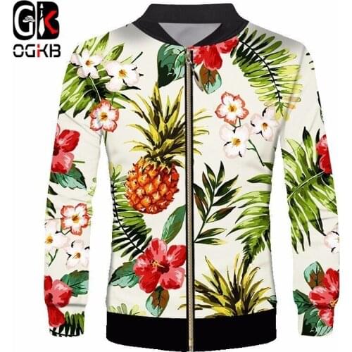 OGKB 3d Tropical Full Printed Pineapple Flower And Leaves Elegance Novelty Jacket Refreshing Coat Beige Long Sleeve Sweatshirt