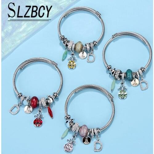 Exquisite Crystal Pineapple Charm Bracelets & Bangles Colorful Fruit Letter D Dangle Stainless Steel Bangles For Women Girl Gift