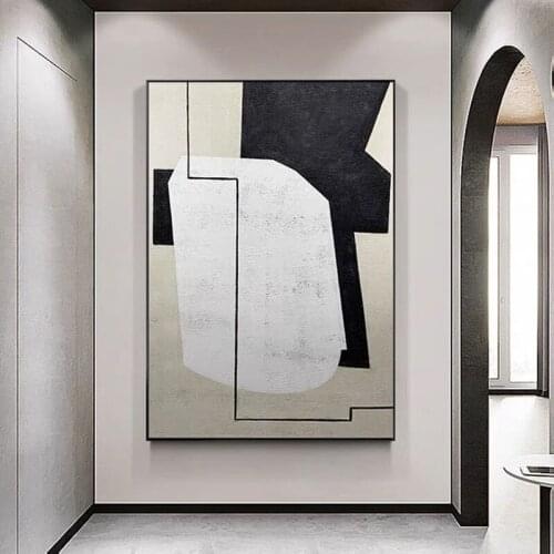 Pure Hand painted Geometric Line Designs Beige Black White Canvas Oil Paintings Wall Art Picture for Living Room Home Decoration