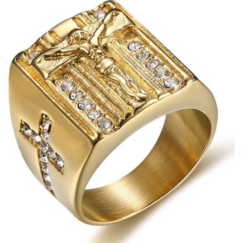 Gold Color Stainless Steel Ring Titanium Jesus Cross Ring Classic Religious Rhinestone Ring Men Jewelry