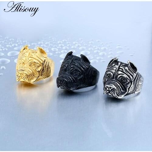 Alisouy Pitbull Pit Bull Dog 316L Stainless Steel Mens Biker Rocker Punk Ring color Black Gold Hyperbole Ring for men Size 7-13