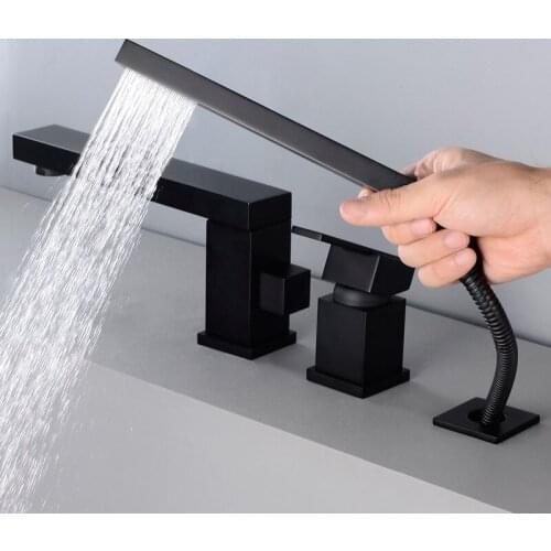 Matte Black brass square bathroom Bathtub faucet set 1 handle 3 holes mixer faucet High grade design Rotatable shower Tap