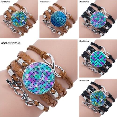Mendittorosa Rainbow Scales Mermaid Vintage Jewelry Plated Multilayer Black/Brown Leather Bracelet Bangle For Women Party Gift