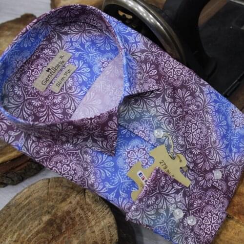 Gentilbay Mens Ethnic Digital Printed Cotton Burgundy Slimfit Long-Sleeve Sport Classic Shirt DPD043