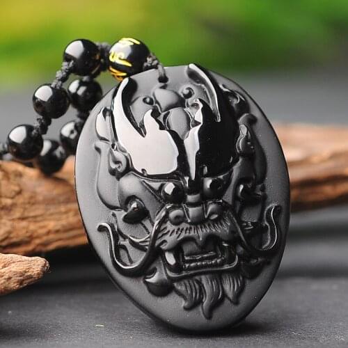 Natrual Obsidian Dragon Head Necklace Pendant Black Crystal Pendant with Beads Chain