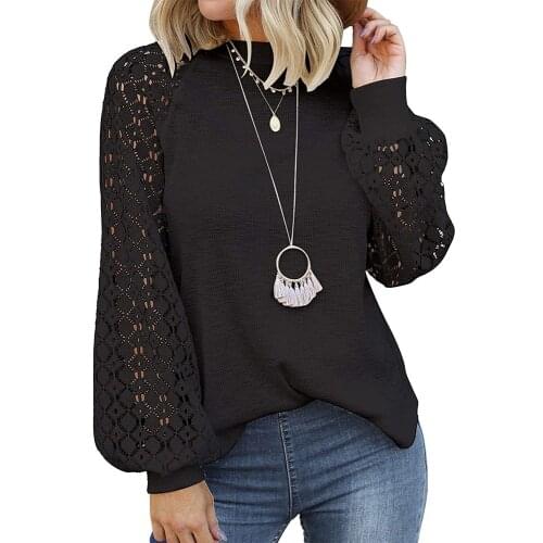 Autumn Women Hollow Out Lace Lantern Sleeve T-Shirt Loose Casual Waffle Knit 2021 Fashion Elegant Office Ladies Basic Simple Top