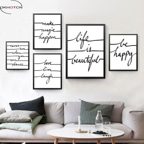 Be Happe Quote Minimalist Canvas Art Print Poster Wall Picture For Home Decor Life Is Beautiful Letters Art Wall Print