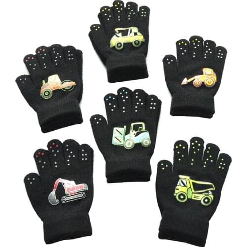 Childrens Winter Warm Gloves for 6-12years Boys And Girls Hot Sale Cute Construction Truck Pattern Kid Soft Knitted Mittens