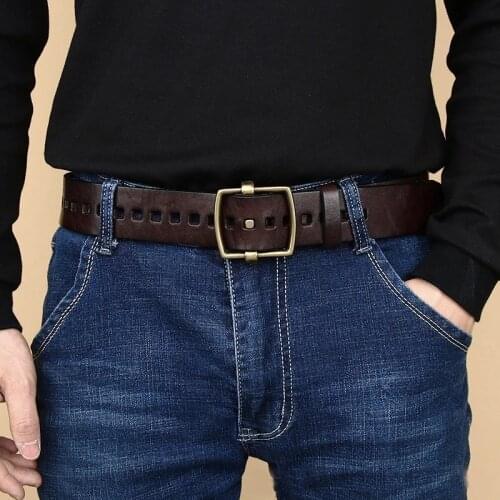 High Quality Smooth Pin Buckle Belt Male Individual Genuine Leather Belts Pure Copper Cowhide Routh Yetro Vintage Jeans Belt