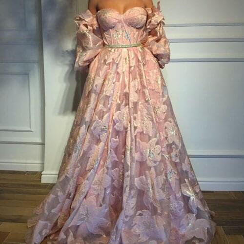 Pink prom dresses lace 2019 sweetheart neckline long sleeve lace appliques a line evening dresses arabic