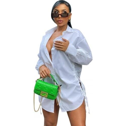 Sexy Y2k Shirt Dress Women Side Hollow Out Single Breasted Loose Casual New Solid Full Sleeve Polo Neck Street Style Short Dress