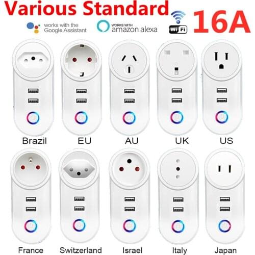 16A WiFi Smart Plug EU AU UK Adaptor 2.1A Usb Charger Voice Control Outlet Timer Socket for Alexa Google Home Tuya Smartlife App
