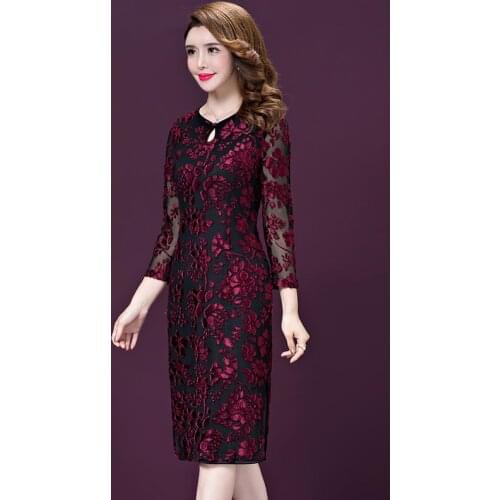 Spring Summer Vintage Womens Dobby Floral 3/4 Sleeve Mesh Mid Calf Qipao Dress , Fall Placket Cheongsam Dresses for Women