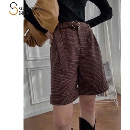 Women Shorts Female Bermudas 2021 Spring Summer New Elegant Romantic Vintage Loose Wide Leg High Waist Zipper Pocket Belt Check