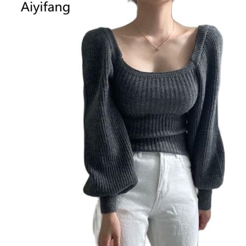 Female Winter Square Neck Puff Long Sleeve Solid Knitwear Tops Women Autumn Warm Bottom Knitted Sweater Elegant Vintage Pullover