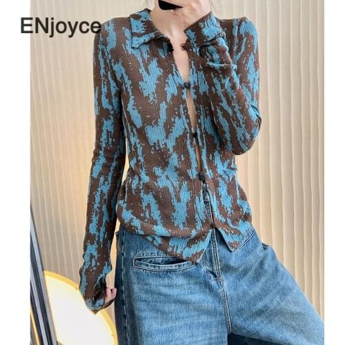 Vintage Printed Knitted Thin Sweater Tops Women Ribbed Ladies Single Breasted Sweaters Knitting Pullovers Workwear Spring Fall