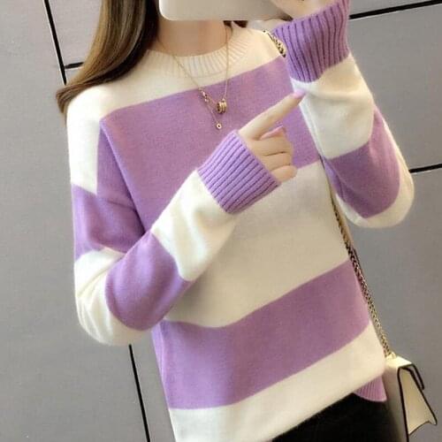 2021 Autumn Winter Knitted Striped Sweater Women Casual Oversized Pullover Top Loose Warm Jumper Streetwear Knitwear Clothes H02