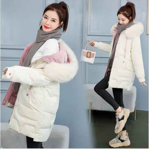 Female Long Winter White Pink Coat Women Hooded Down Parka Ladies New Warm Winter Jacket Women Loose Big Fur Collar Jackets Coat