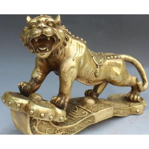 16" China Bronze Fengshui Tiger Tigre On the Mountain Zodiac Animal Ruyi Statue
