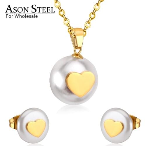 ASONSTEEL Gold Imitation Pearl Bridal Wedding Jewelry Set for Women 316L Stainless Steel Necklace Pendant Small Stud Earring
