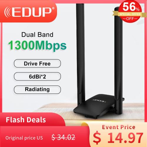 EDUP 1300Mbps Wireless Drive Free USB3.0 Adapter 2*6dBi High-Gain Antenna 2.4G&5.8G Dual Band MTK Chip Network Card Adapter