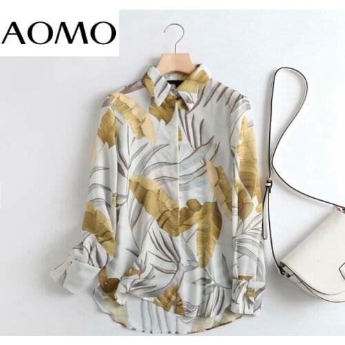 AOMO 2021 Women Leaves Print Cotton Linen Blouse Long Sleeve Chic Female Office Lady Shirt Blusas Femininas 4C89A