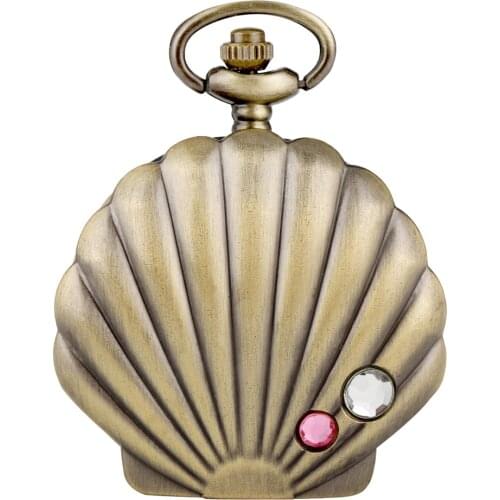 Bronze Shell Full Hunter Pocket Watch With Mini Shell Pendant Necklace Chain Quartz Watches Women Vintage Xmas Gift For Boy Kid