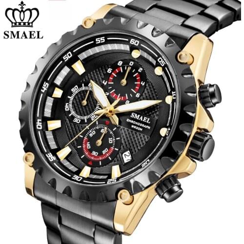 SMAEL Fashion Mens Military Sport Watch Men Stainless Steel Quartz Watches Chronograph Waterproof Date Clock Male Wrist Watch