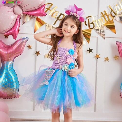 Kids Mermaid Birthday Outfit Flower Girls Mermaid Tutu Dress with Headband Under the Sea Theme Party Costume for Halloween