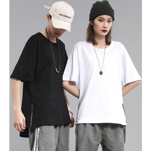 Harajuku Men Women 5 Quarter Sleeve T-shirts Hip-hop Summer Mens T-shirt Korean Breathable Thin Tops Chic Zipper Loose T Shirts