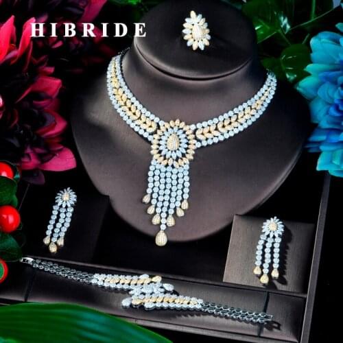HIBRIDE Big 4 PCS Full Micro Cubic Zirconia Women Wedding Dress Choker Necklace Earring Jewelry Set For Wedding N-863