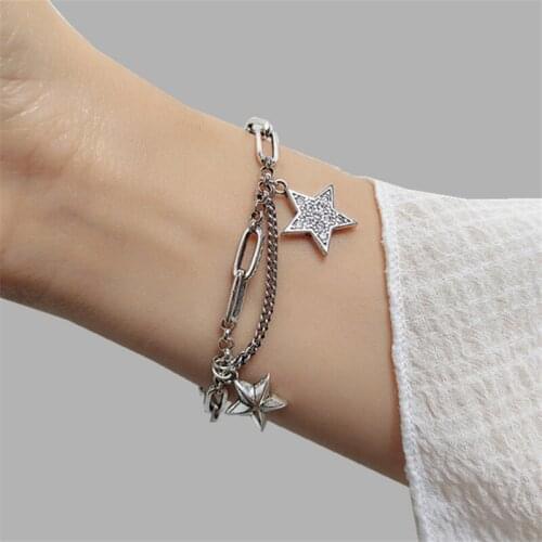 Korean Fashion Hip Hop Rock Punk Style Two Stars Bracelets For Women Link Chain Cubic Stones S Real Armband Boho Gift