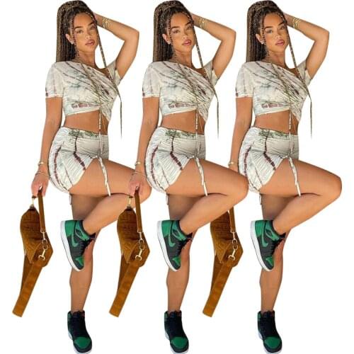 Fashion Print Short Sleeve Irregular Collar Sexy Lace-Up Crop Top & Pleated Package Hip Skirts Two Piece Sets Women