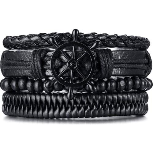 2021 Fashion Accessories Alloy Rudder + Black Wooden Bead PU Leather Braided European And American Bracelet Four-piece Set