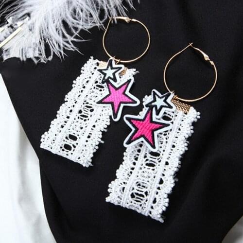 Fashion Lace Earrings Pentagram Exaggeration Circles Earrings Hand Made Statement Lace Earrings White Cloth Long Jewelry Gift