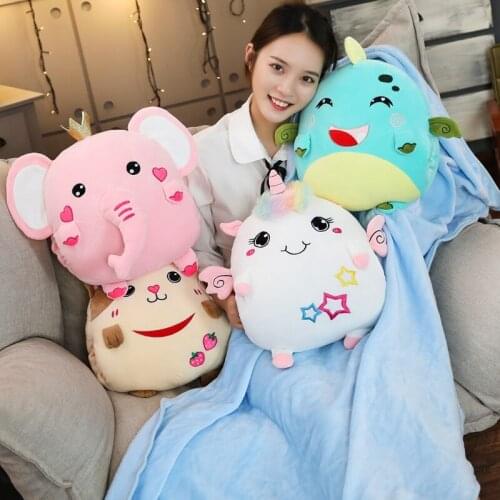Soft Stuffed Unicorn 3 in 1 Pillow with Blanket Kawaii Plush Animals Elephant Cat Dinosaur Hand Warmer Cushion Toys for Children