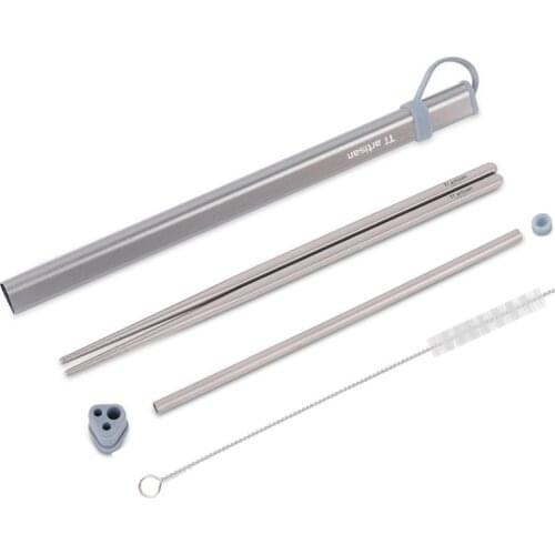 Titanium Chopsticks Set with Chopsticks Storage Tubes Aluminum Box Carrying Case Drinking Straw Cleaning Brush Cutlery Set 4pcs