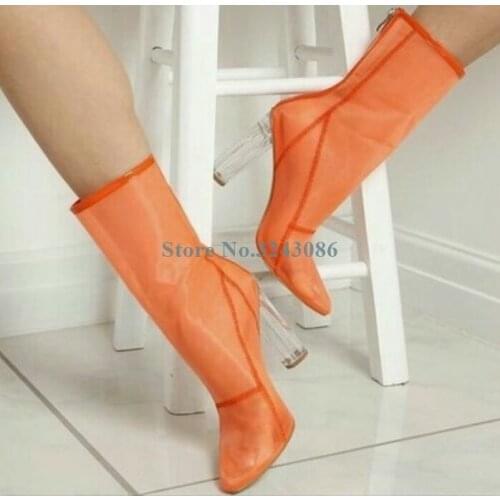 Orange Mesh Pointed Toe Ankle Boots Sewing Transparent Heel Sandal Boots Grey Pink Apricot Back Zip Crystal Heel Shoes