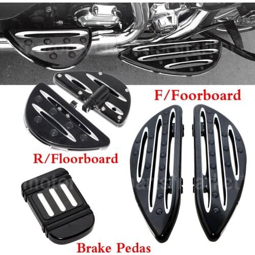 Black CNC Cut Front Driver & Rear Passenger Floorboard Footboard Footrest & Pedal Brake For Harley Touring Street Glide FLHX