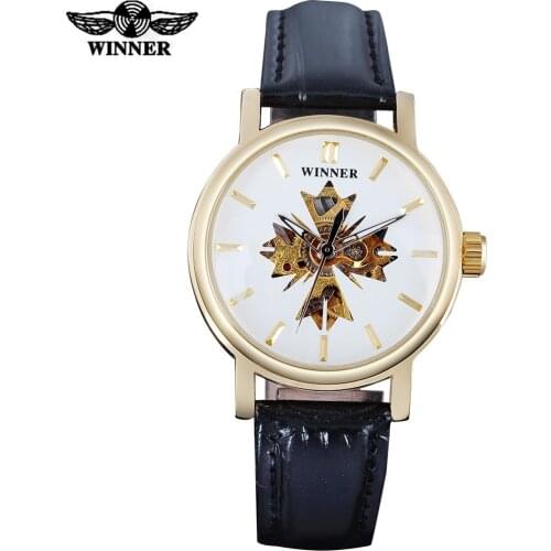 2016 WINNER popular brand women watches fashion automatic self wind watch skeleton dial transparent glass gold case leather band