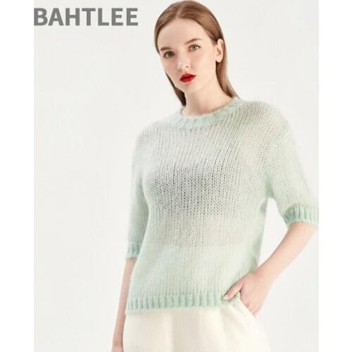 BAHTLEE Women Spring Summer Mohair Pullover O-Neck Sweater Half Sleeves Wool Knitted Jumper Soft Loose Style