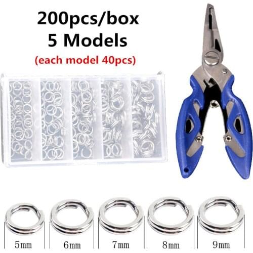 Fishing Plier+200pcs Stainless Steel Fishing Split Rings for Blank Lure Crank Bait Solid Lure Connectors Double Loop Ring Tackle