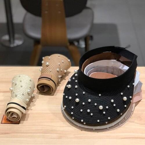 New Womens Big-brimmed Pearl Empty Top Sun Hat, Womens Beach Hat, Woven Fashion Hat, Ladies Summer Straw Sun Hat