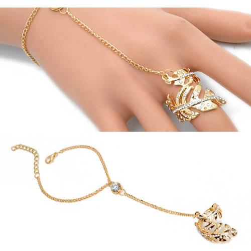 Rhinestone Leaf Finger Ring Set Adjustable Metal Chain Glitter Bridal Jewelry for Women Personality s Wedding