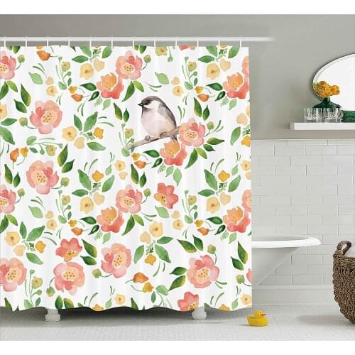 Floral Shower Curtain Flower Petals Blossoms Leaves and Bird Sitting Vintage Elegance Image Bath Curtains For Bathroom Bathtub